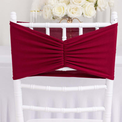 5 Pack Spandex Chair Sashes Burgundy Ruffled Style - Wide Easy to Use Stretch Chair Bands 8’’x13’’ - Chair Sashes