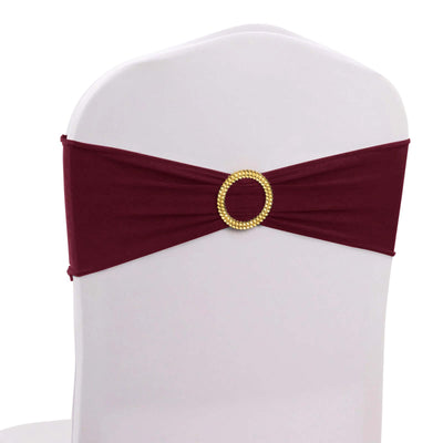 5 Pack Spandex Chair Sashes Burgundy with Gold Rhinestone Buckles - Reusable Four-Way Stretch Sash Bands 5’’x14’’