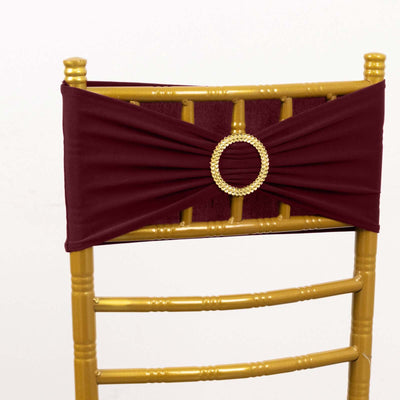 5 Pack Spandex Chair Sashes Burgundy with Gold Rhinestone Buckles - Reusable Four-Way Stretch Sash Bands 5’’x14’’
