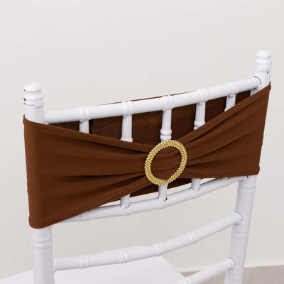 5 Pack Spandex Chair Sashes Cinnamon Brown with Gold Rhinestone Buckles - Reusable Four-Way Stretch Sash Bands 5"x14"