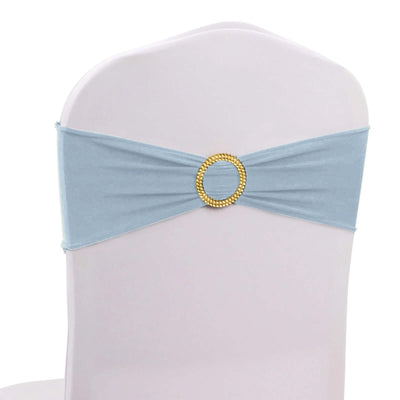 5 Pack Spandex Chair Sashes Dusty Blue with Gold Rhinestone Buckles - Reusable Four-Way Stretch Sash Bands 5’’x14’’