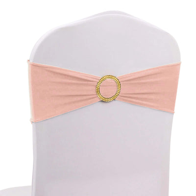 5 Pack Spandex Chair Sashes Dusty Rose with Gold Rhinestone Buckles - Reusable Four-Way Stretch Sash Bands 5’’x14’’