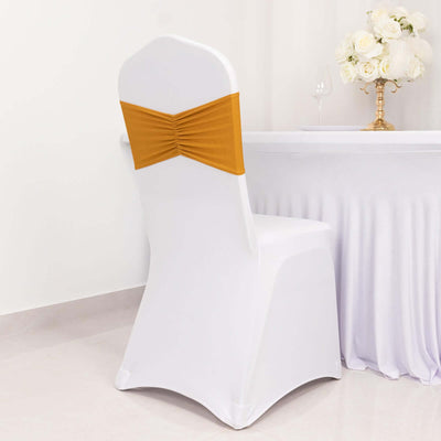 5 Pack Spandex Chair Sashes Gold Ruffled Style - Wide Easy to Use Stretch Chair Bands for Classy Wedding and Event