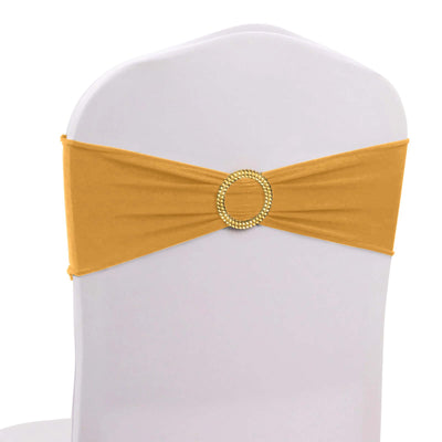 5 Pack Spandex Chair Sashes Gold with Gold Rhinestone Buckles - Reusable Four-Way Stretch Sash Bands for Classy &