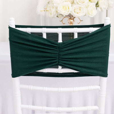 5 Pack Spandex Chair Sashes Hunter Emerald Green Ruffled Style - Wide Easy to Use Stretch Chair Bands 8’’x13’’ - Chair