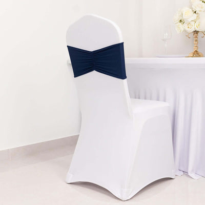 5 Pack Spandex Chair Sashes Navy Blue Ruffled Style - Wide Easy to Use Stretch Chair Bands 8’’x13’’ - Chair Sashes