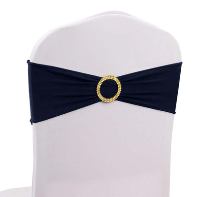 5 Pack Spandex Chair Sashes Navy Blue with Gold Rhinestone Buckles - Reusable Four-Way Stretch Sash Bands 5’’x14’’