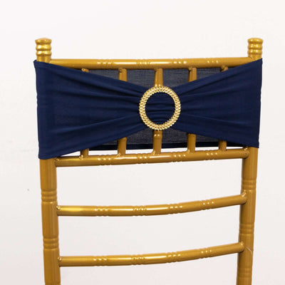 5 Pack Spandex Chair Sashes Navy Blue with Gold Rhinestone Buckles - Reusable Four-Way Stretch Sash Bands 5’’x14’’
