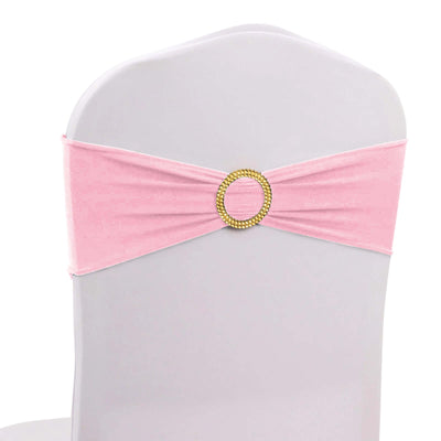 5 Pack Spandex Chair Sashes Pink with Gold Rhinestone Buckles - Reusable Four-Way Stretch Sash Bands 5’’x14’’ - Chair