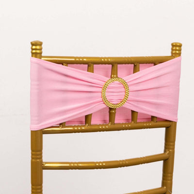 5 Pack Spandex Chair Sashes Pink with Gold Rhinestone Buckles - Reusable Four-Way Stretch Sash Bands 5’’x14’’ - Chair