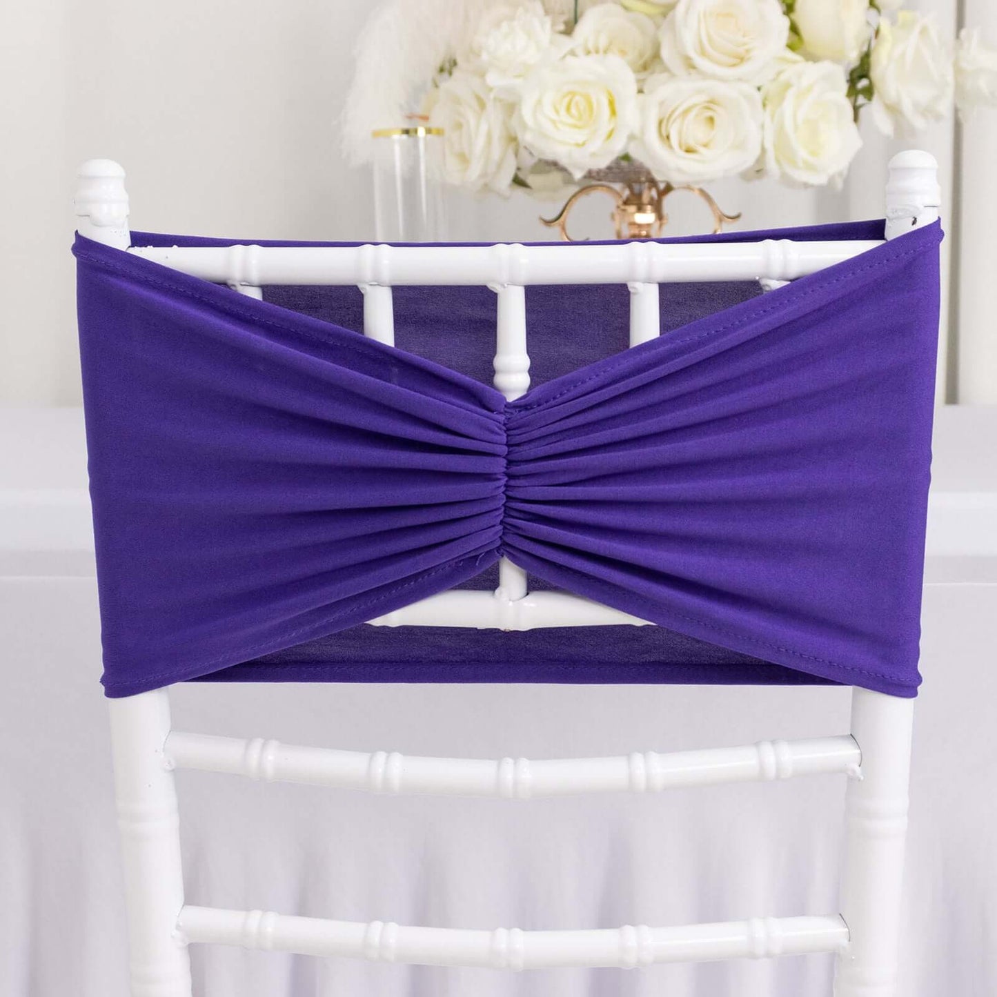 5 Pack Spandex Chair Sashes Purple Ruffled Style - Wide Easy to Use Stretch Chair Bands 8"x13"