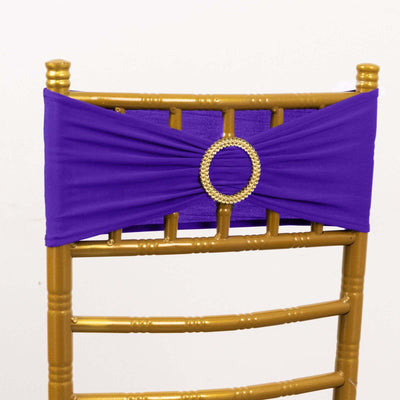 5 Pack Spandex Chair Sashes Purple with Gold Rhinestone Buckles - Reusable Four-Way Stretch Sash Bands 5’’x14’’ - Chair