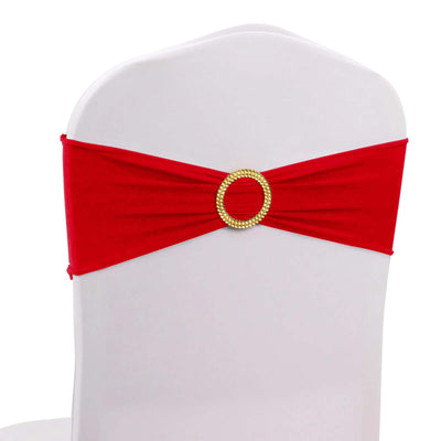 5 Pack Spandex Chair Sashes Red with Gold Rhinestone Buckles - Reusable Four-Way Stretch Sash Bands 5’’x14’’ - Chair
