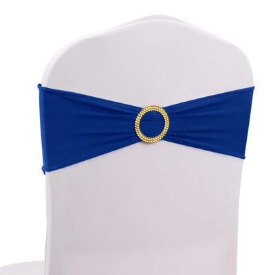 5 Pack Spandex Chair Sashes Royal Blue with Gold Rhinestone Buckles - Reusable Four-Way Stretch Sash Bands 5’’x14’’