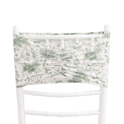 5 Pack Spandex Chair Sashes White/Dusty Sage Green French Toile Floral Pattern - Wide Wrinkle-Free Stretchable Chair