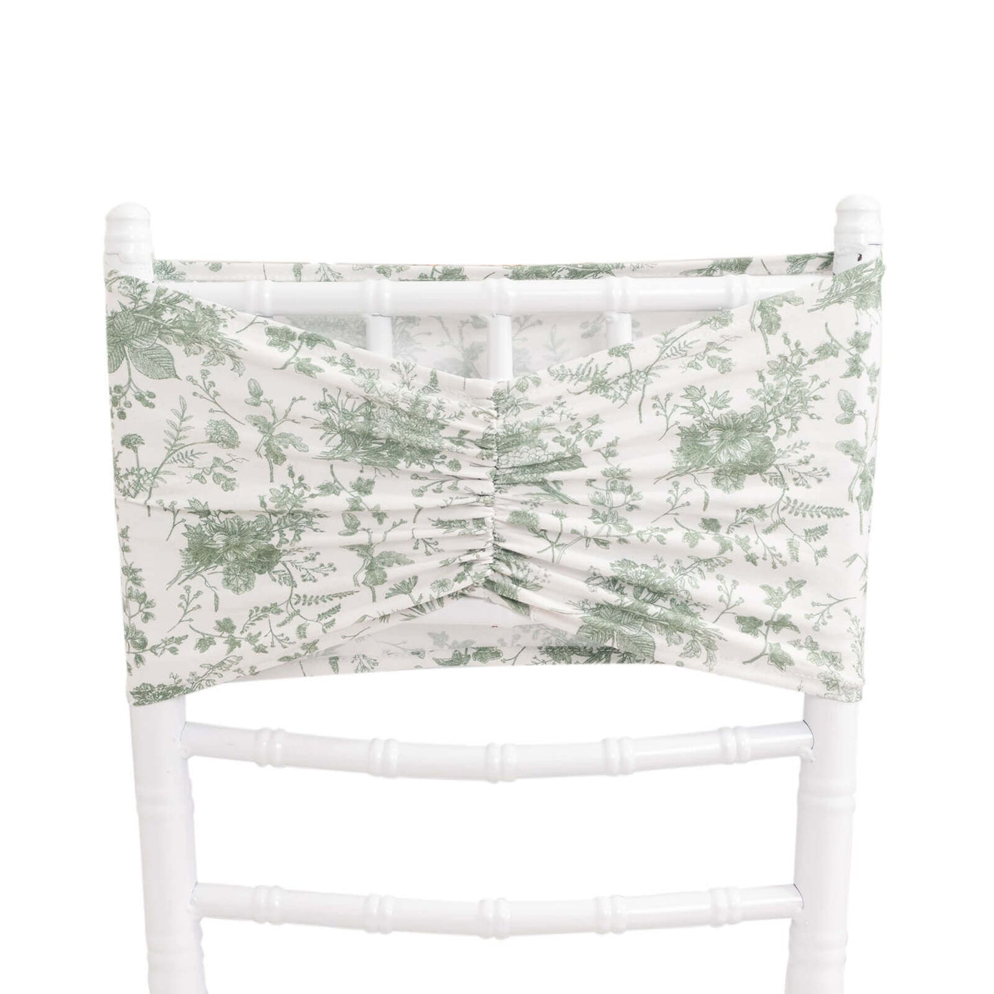 5 Pack Spandex Chair Sashes White/Dusty Sage Green French Toile Floral Pattern - Wide Wrinkle-Free Stretchable Chair Bands 8"x13"