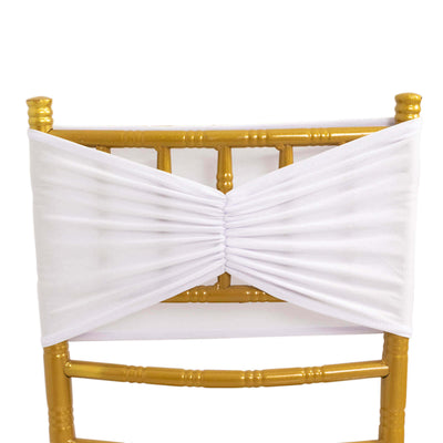 5 Pack Spandex Chair Sashes White Ruffled Style - Wide Easy to Use Stretch Chair Bands for Classy Wedding and Event