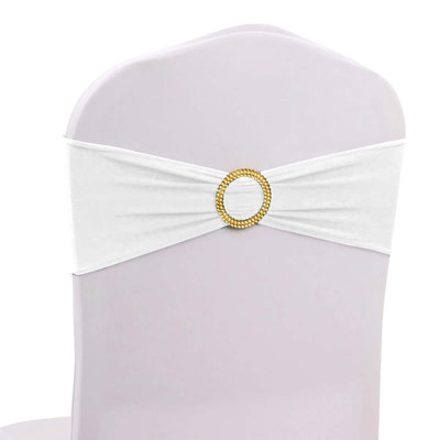 5 Pack Spandex Chair Sashes White with Gold Rhinestone Buckles - Reusable Four-Way Stretch Sash Bands for Classy &