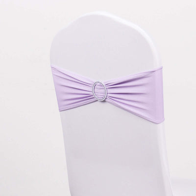 5 Pack Stretch Spandex Chair Sashes Lavender Lilac - Reusable Chair Bands with Silver Diamond Ring Slide Buckle
