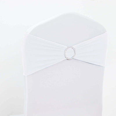 5 Pack Stretch Spandex Chair Sashes White - Classy Reusable Chair Bands with Silver Diamond Ring Slide Buckle 5"x14"