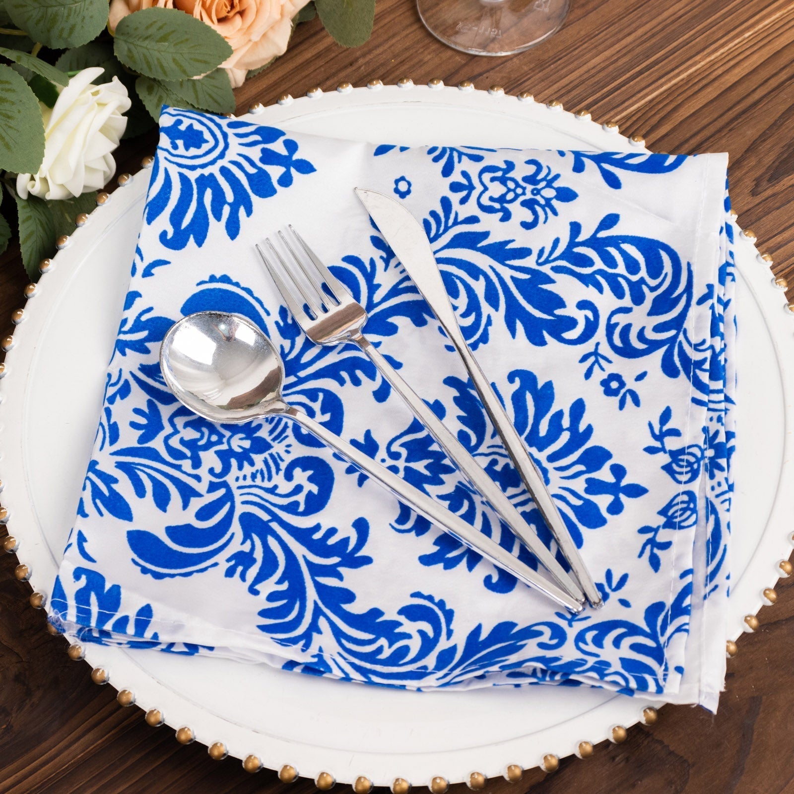 5 Pack Taffeta 20’’x20’’ Napkins Royal Blue/White Damask Flocking Design - Decorative Dinner Napkins - Napkins