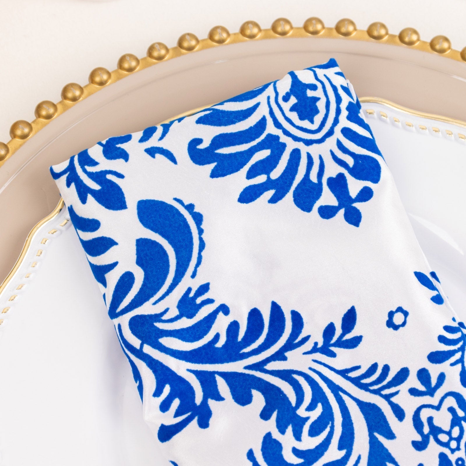 5 Pack Taffeta 20’’x20’’ Napkins Royal Blue/White Damask Flocking Design - Decorative Dinner Napkins - Napkins