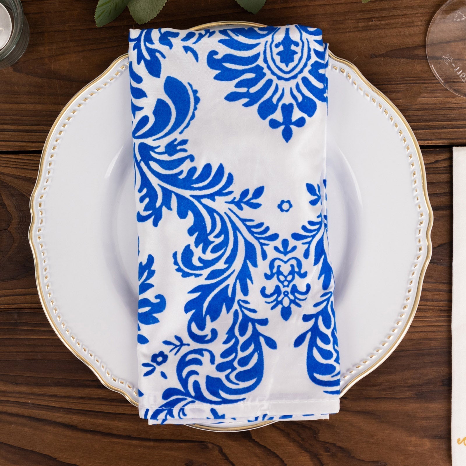5 Pack Taffeta 20’’x20’’ Napkins Royal Blue/White Damask Flocking Design - Decorative Dinner Napkins - Napkins