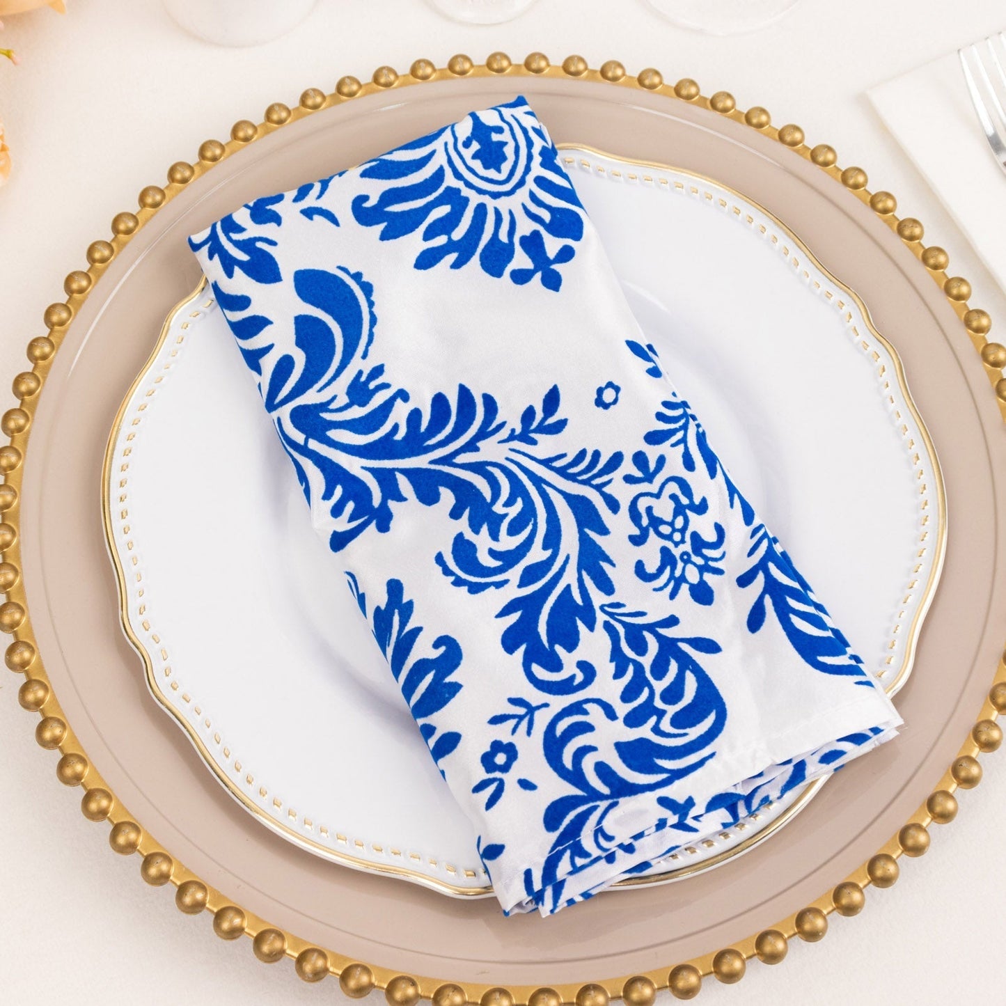 5 Pack Taffeta 20’’x20’’ Napkins Royal Blue/White Damask Flocking Design - Decorative Dinner Napkins - Napkins