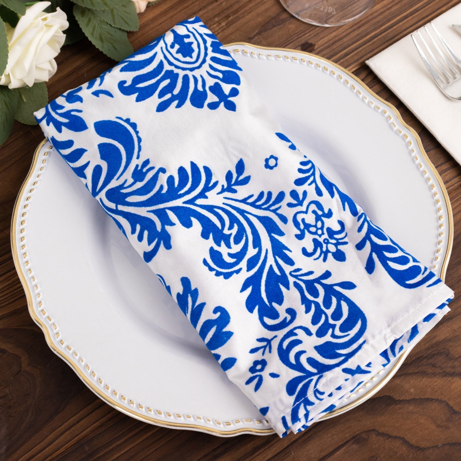 5 Pack Taffeta 20’’x20’’ Napkins Royal Blue/White Damask Flocking Design - Decorative Dinner Napkins - Napkins