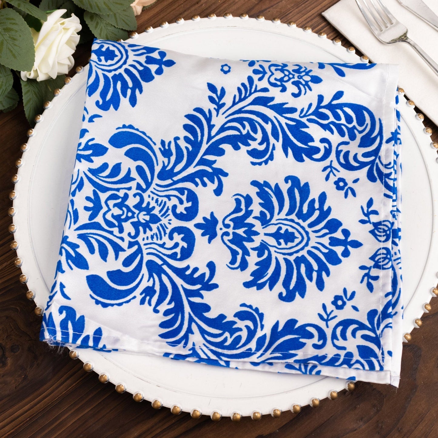 5 Pack Taffeta 20’’x20’’ Napkins Royal Blue/White Damask Flocking Design - Decorative Dinner Napkins - Napkins