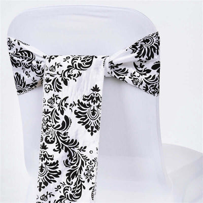 5 Pack Taffeta Damask Chair Sashes White with Black Flocking Design - Modern Vintage Event DÃ©cor 6"x108"