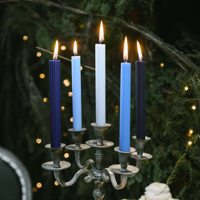 5-Pack Taper Candles Ribbed Wick Ribbon Wax Design Assorted Blue - Premium Unscented Dinner Candles 9’’ - Decorations