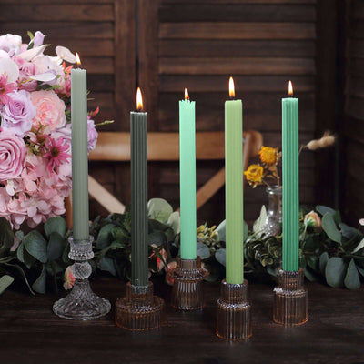 5-Pack Taper Candles Ribbed Wick Ribbon Wax Design Assorted Green - Premium Unscented Dinner Candles 9’’ - Decorations