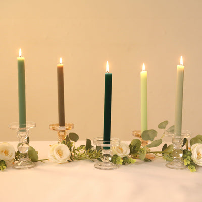 5-Pack Taper Candles Ribbed Wick Ribbon Wax Design Assorted Sage Green - Premium Unscented Dinner Candles 9’’