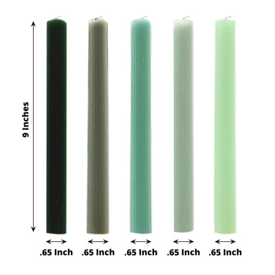 5-Pack Taper Candles Ribbed Wick Ribbon Wax Design Assorted Sage Green - Premium Unscented Dinner Candles 9’’