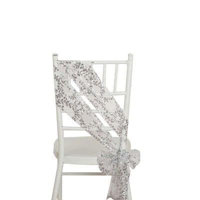 5 Pack Tulle Chair Sashes with Leaf Vine Embroidered Sequins Silver 6’’x88’’ - Chair Sashes