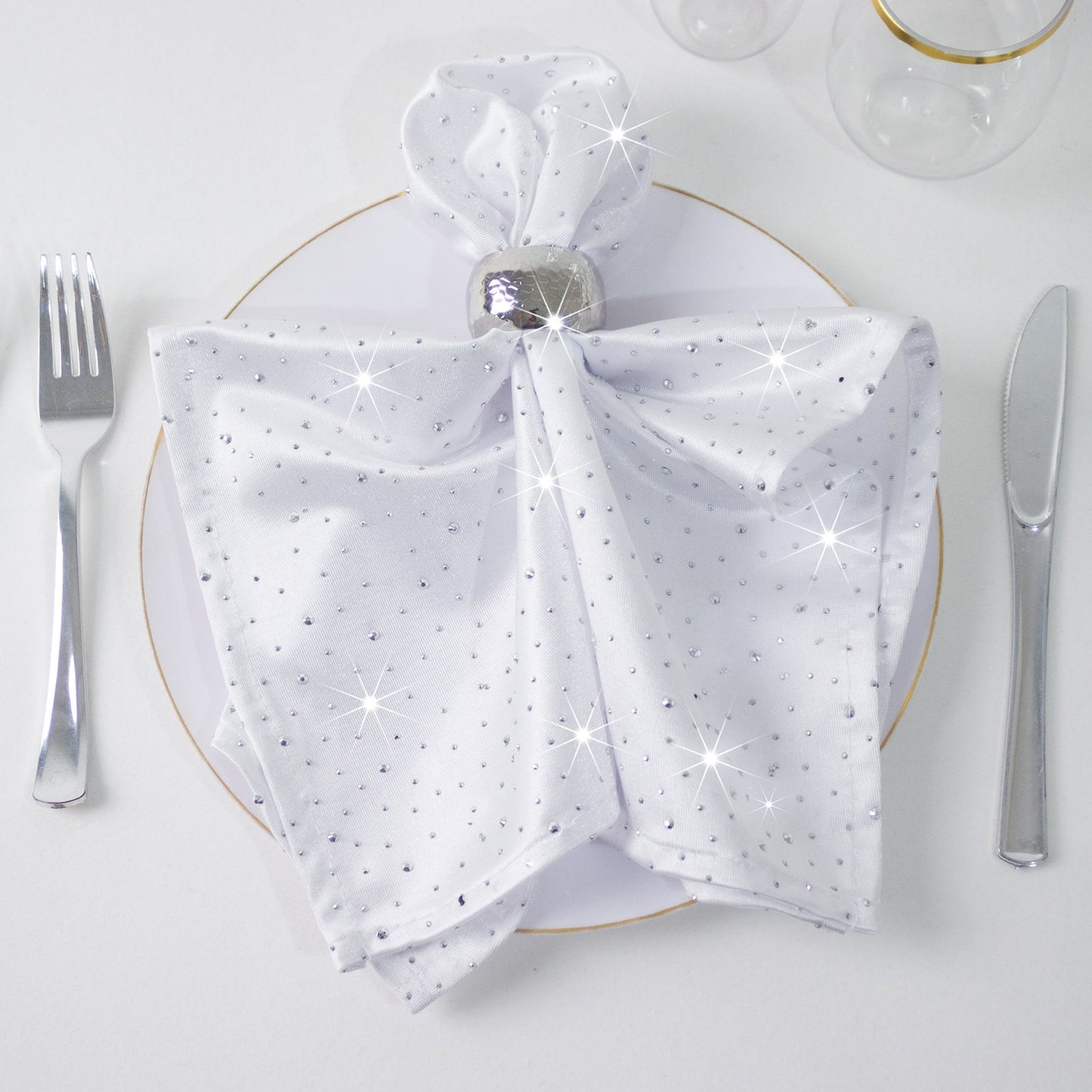5-Pack White Scuba Polyester Napkins with Rhinestone Accents â€“ 20’’x20’’ Wrinkle-Free Reusable Cloth Napkins - Napkins