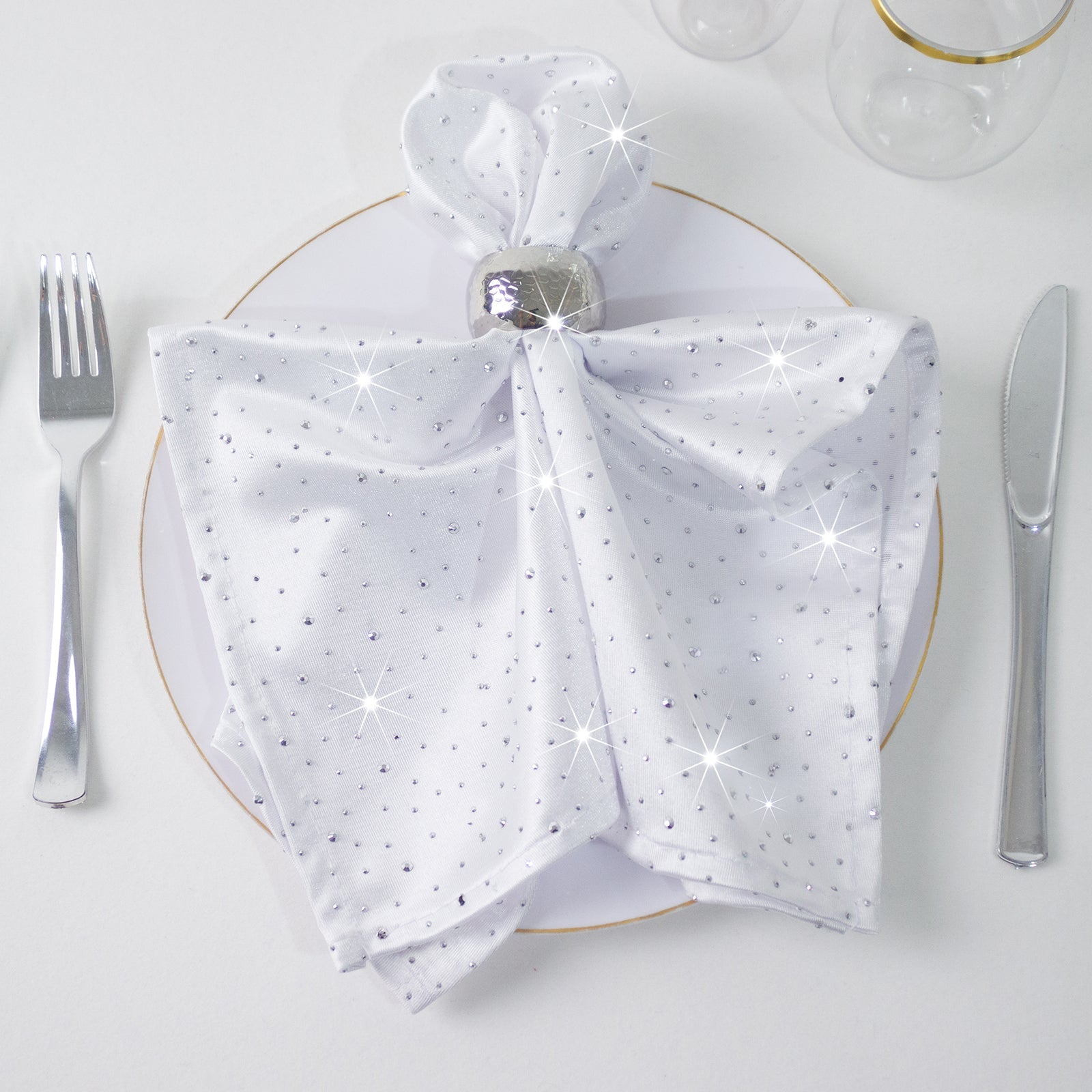 5-Pack White Scuba Polyester Napkins with Rhinestone Accents â€“ 20’’x20’’ Wrinkle-Free Reusable Cloth Napkins - Napkins