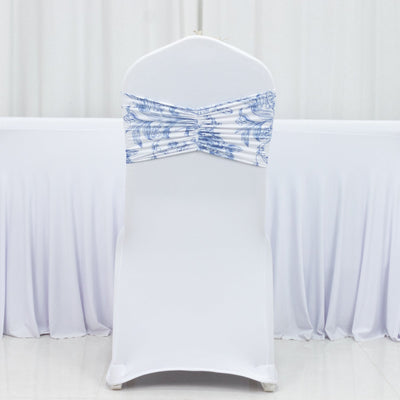 5 Pack Wide Spandex Chair Sashes in White Blue French Toile â€“ Stylish Ruffled Chair Bands - 8’’x13’’ - Chair Sashes