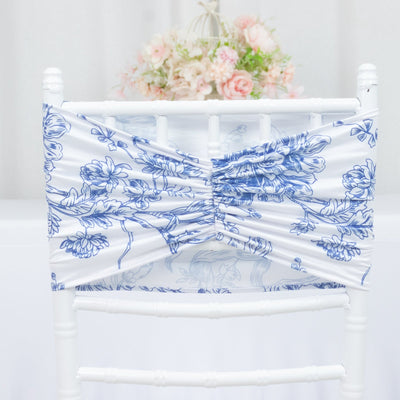 5 Pack Wide Spandex Chair Sashes in White Blue French Toile â€“ Stylish Ruffled Chair Bands - 8’’x13’’ - Chair Sashes