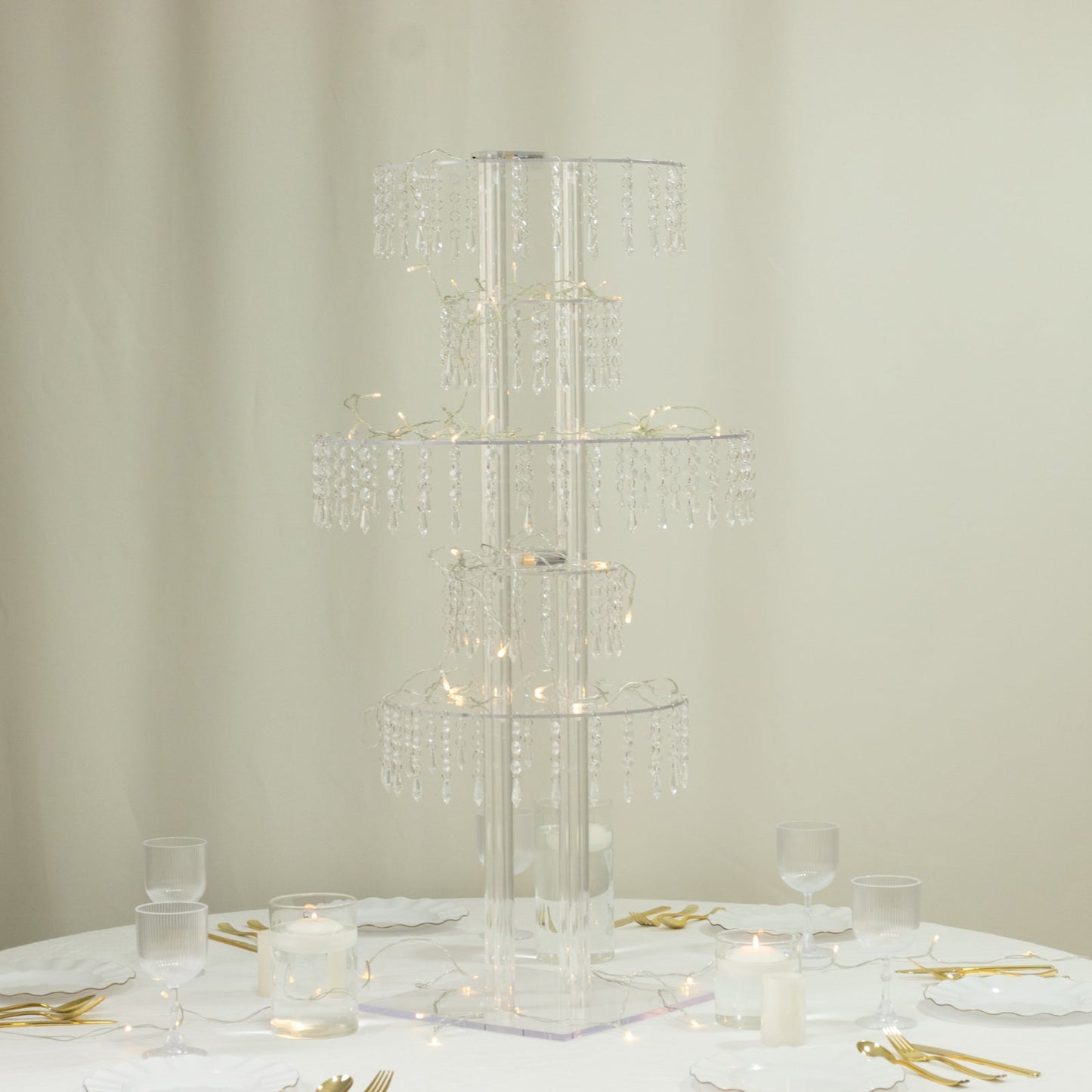 5-Tier Clear Acrylic Chandelier Flower Stand with Hanging Crystals â€“ 39’’ Tall Table Centerpiece Display Tower