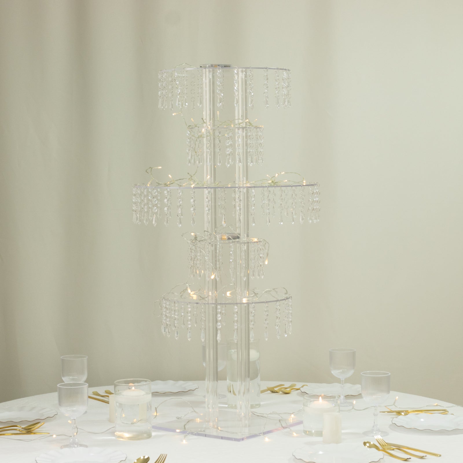 5-Tier Clear Acrylic Chandelier Flower Stand with Hanging Crystals â€“ 39’’ Tall Table Centerpiece Display Tower