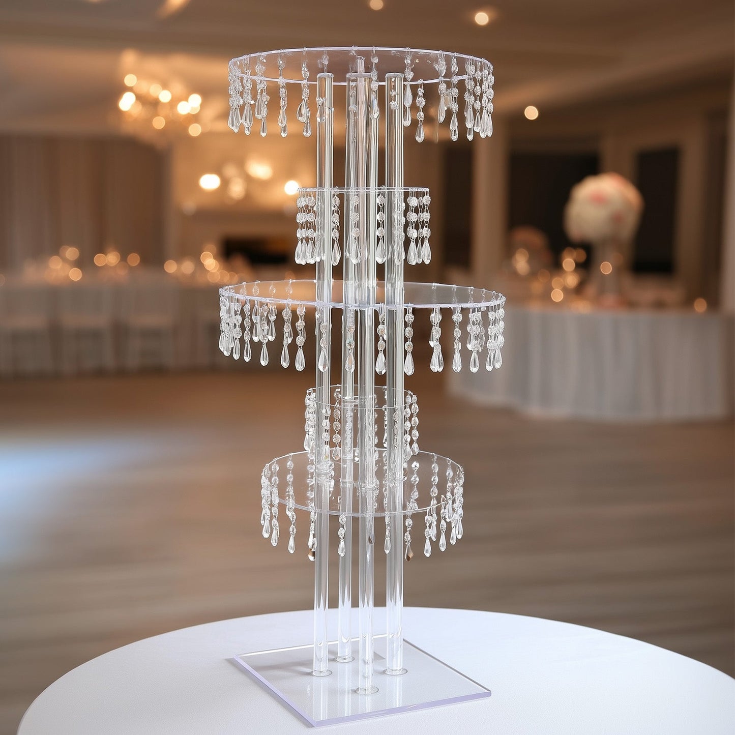 5-Tier Clear Acrylic Chandelier Flower Stand with Hanging Crystals â€“ 39’’ Tall Table Centerpiece Display Tower