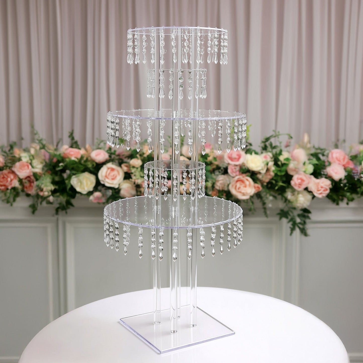 5-Tier Clear Acrylic Chandelier Flower Stand with Hanging Crystals â€“ 39’’ Tall Table Centerpiece Display Tower