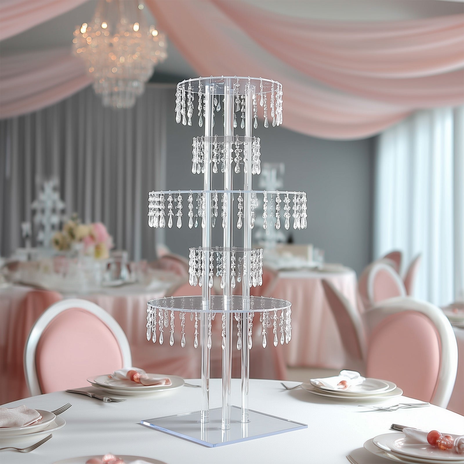 5-Tier Clear Acrylic Chandelier Flower Stand with Hanging Crystals â€“ 39’’ Tall Table Centerpiece Display Tower