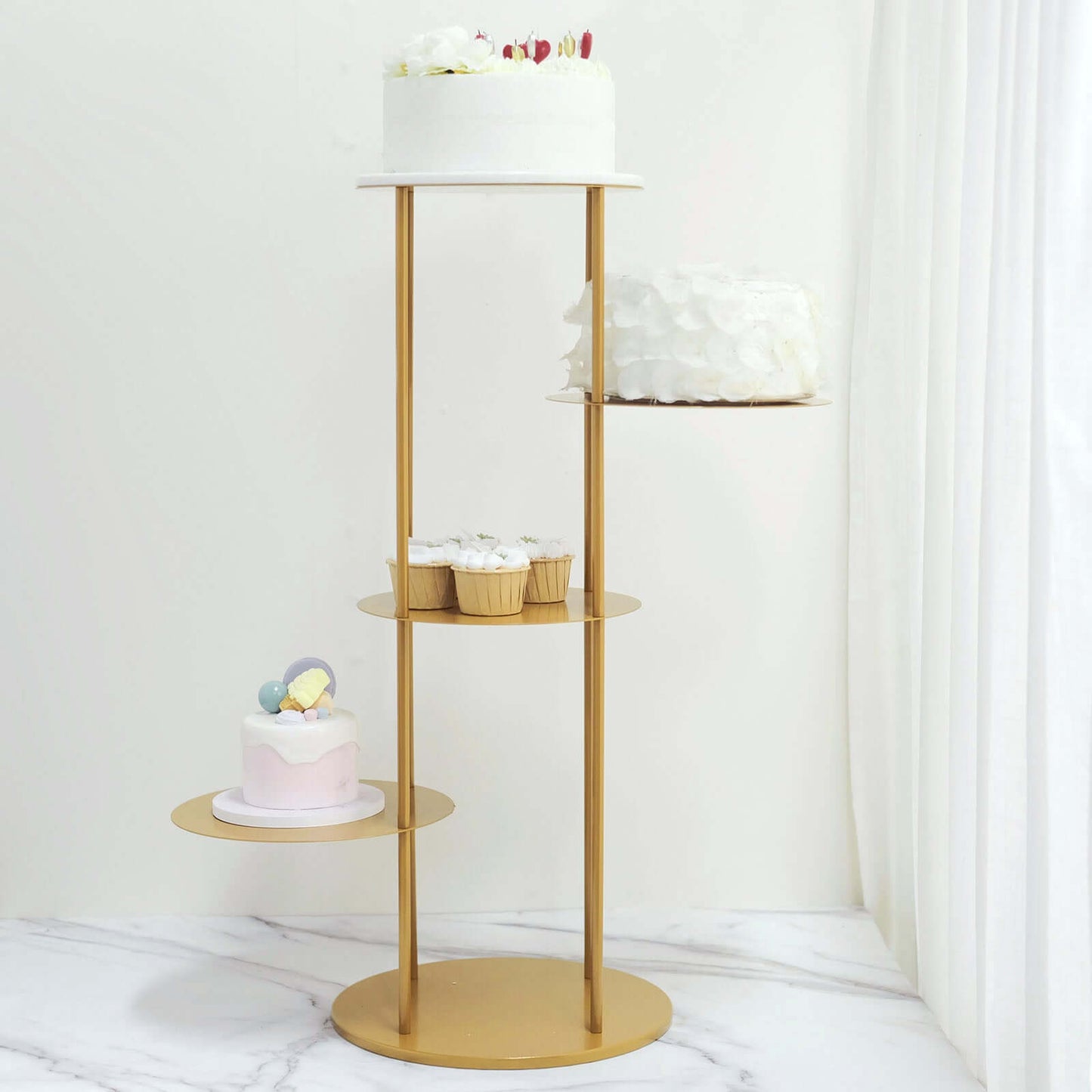5-Tier Metal Round Cake Stand Centerpiece Gold - Luxurious Pillar Style Cupcake Dessert Display Tower Planter Shelf for Weddings Banquets & Celebrations 2.5ft