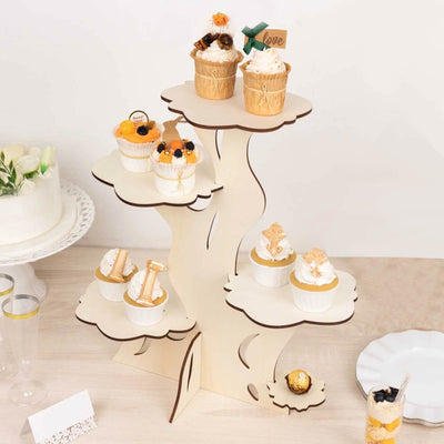 5-Tier Wooden Cake Stand Natural Tree Tower Design with Laser Cut Details - Rustic Cupcake Dessert Display 19’’ Tall