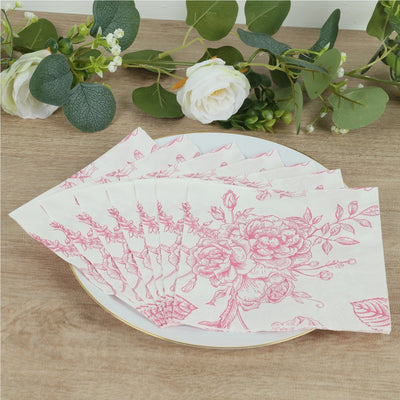50 Pack 2-Ply Paper Beverage Napkins in Matte Pink and White French Toile Floral Pattern Highly Absorbent Soft