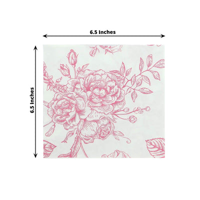 50 Pack 2-Ply Paper Beverage Napkins in Matte Pink and White French Toile Floral Pattern Highly Absorbent Soft