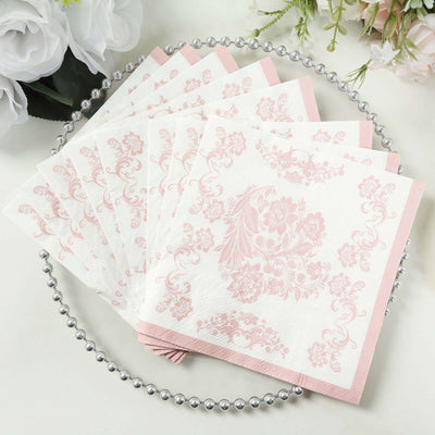 50 Pack 2-Ply Paper Beverage Napkins in White Matte Pink Damask Floral Pattern Disposable Cocktail Napkins - Highly